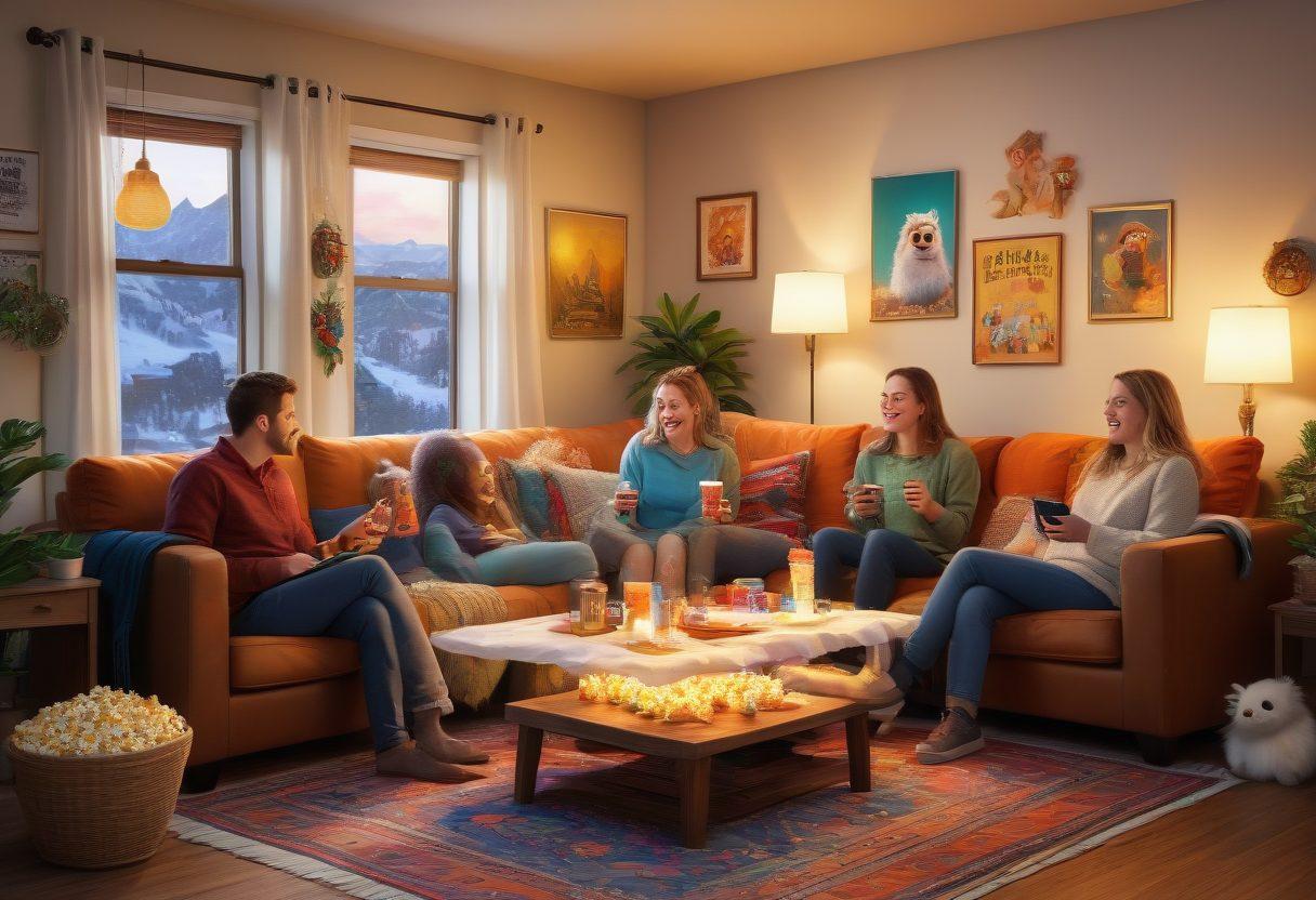 A lively scene showcasing a cozy living room filled with friends enjoying an animated film night featuring a whimsical yeti character on the TV screen. Warm golden lighting illuminates the faces of the viewers, while popcorn and drinks are scattered around. The walls are adorned with posters of various animated adventures, creating a fun and inviting atmosphere. Include vibrant colors and playful elements to emphasize excitement and joy. super-realistic. vibrant colors.