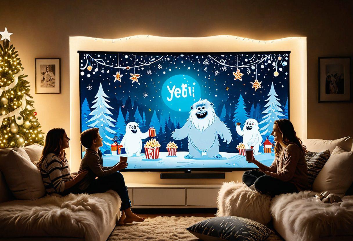 A cozy family living room set up for movie night, with a big screen displaying a whimsical animated Yeti movie scene filled with vibrant colors. Family members, including children, are laughing and enjoying popcorn, while colorful blankets and fairy lights enhance the warm atmosphere. Illustrate a friendly cartoon Yeti in the center, surrounded by snowflakes and stars. vibrant colors. cozy illustration.
