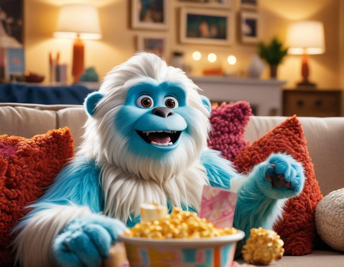 A cozy living room with a family of four gathered on a couch, laughing and sharing popcorn while watching a movie on a large screen. The room is adorned with colorful decorations, warm lighting, and playful elements like stuffed animals. In the background, a Yeti character is playfully peeking from behind a couch, adding a whimsical touch. The scene conveys warmth, joy, and togetherness, making it feel inviting and fun. vibrant colors. super-realistic.